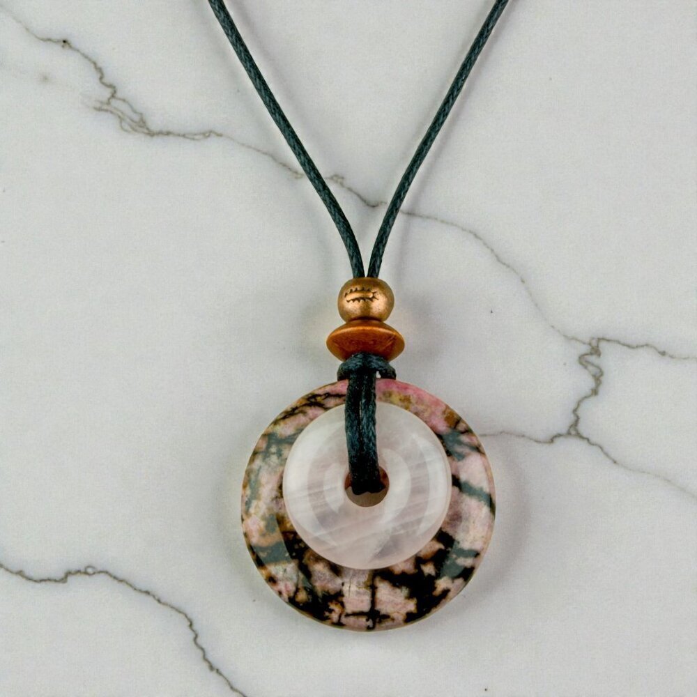 Rhodonite & Rose Quartz Pendant Necklace | Handmade - Picture 1 of 7
